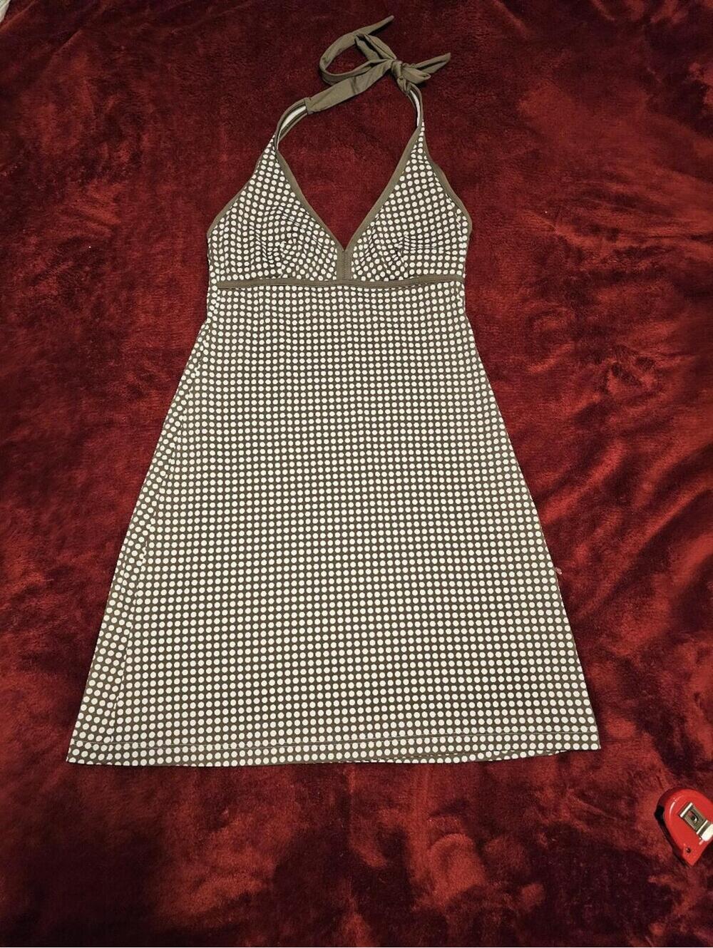 Tommy Bahama Olive and White Polka Dot Halter Mini Dress XS